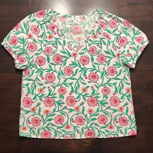 J. Crew White Short-Sleeve V-Neck Top with Pink Floral Print
